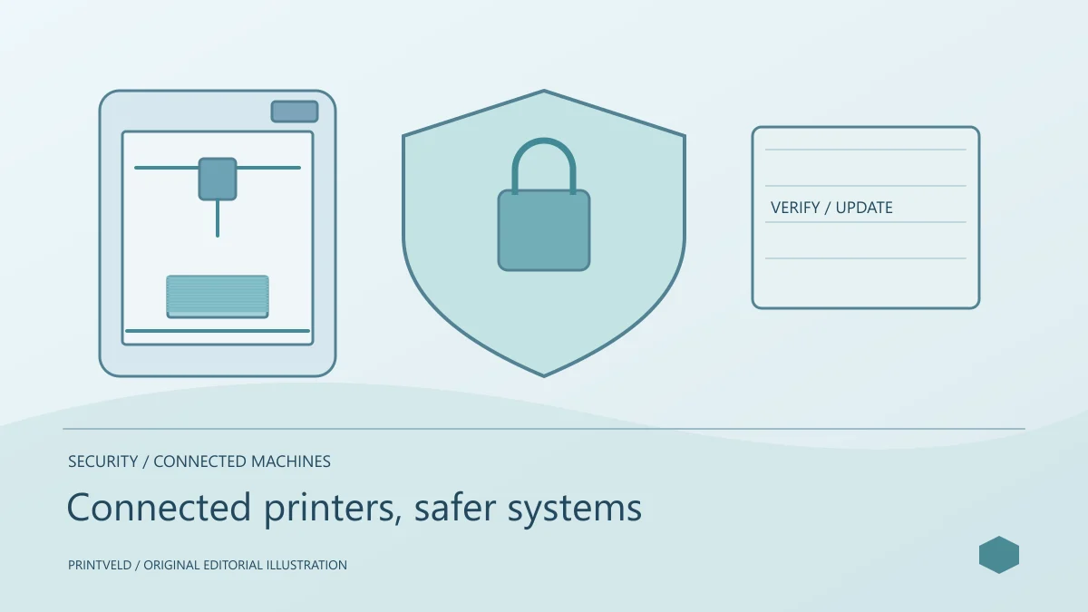 Connected printers, safer systems — conceptual PrintVeld illustration, not a product photograph