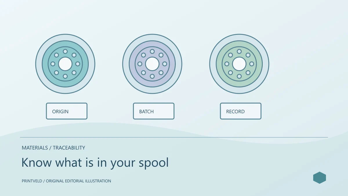 Know what is in your spool — conceptual PrintVeld illustration, not a product photograph