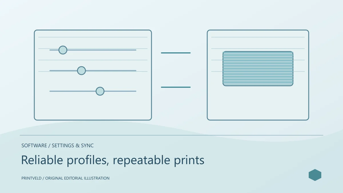 Reliable profiles, repeatable prints — conceptual PrintVeld illustration, not a product photograph