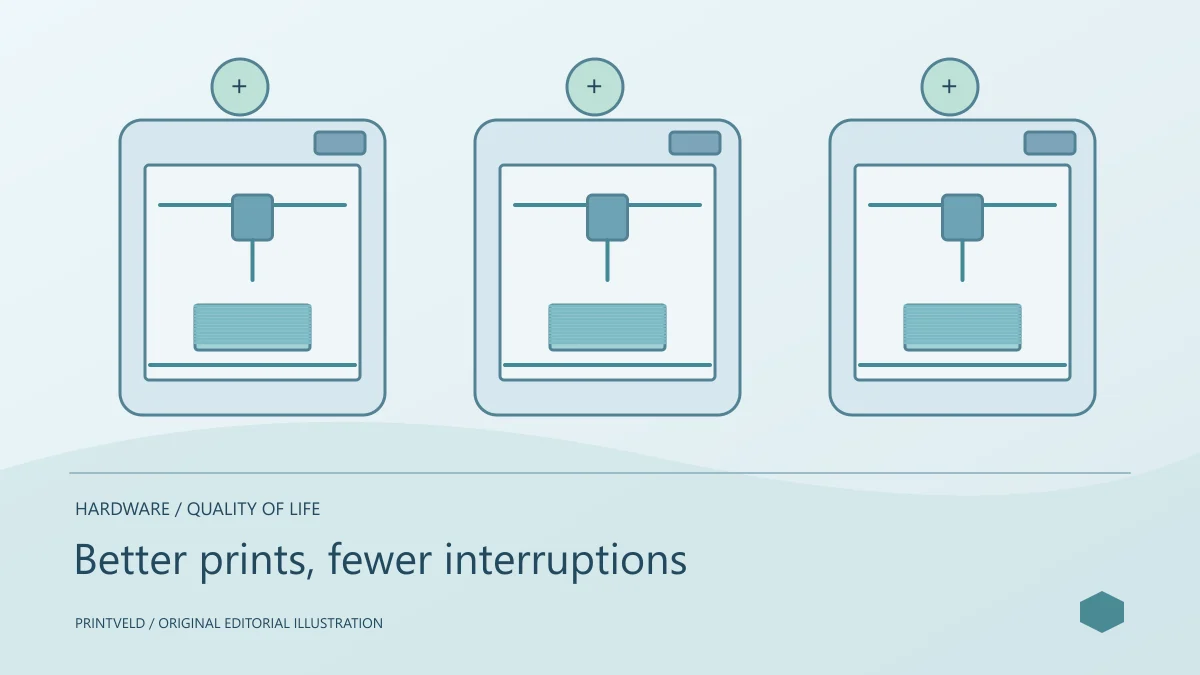 Better prints, fewer interruptions — conceptual PrintVeld illustration, not a product photograph